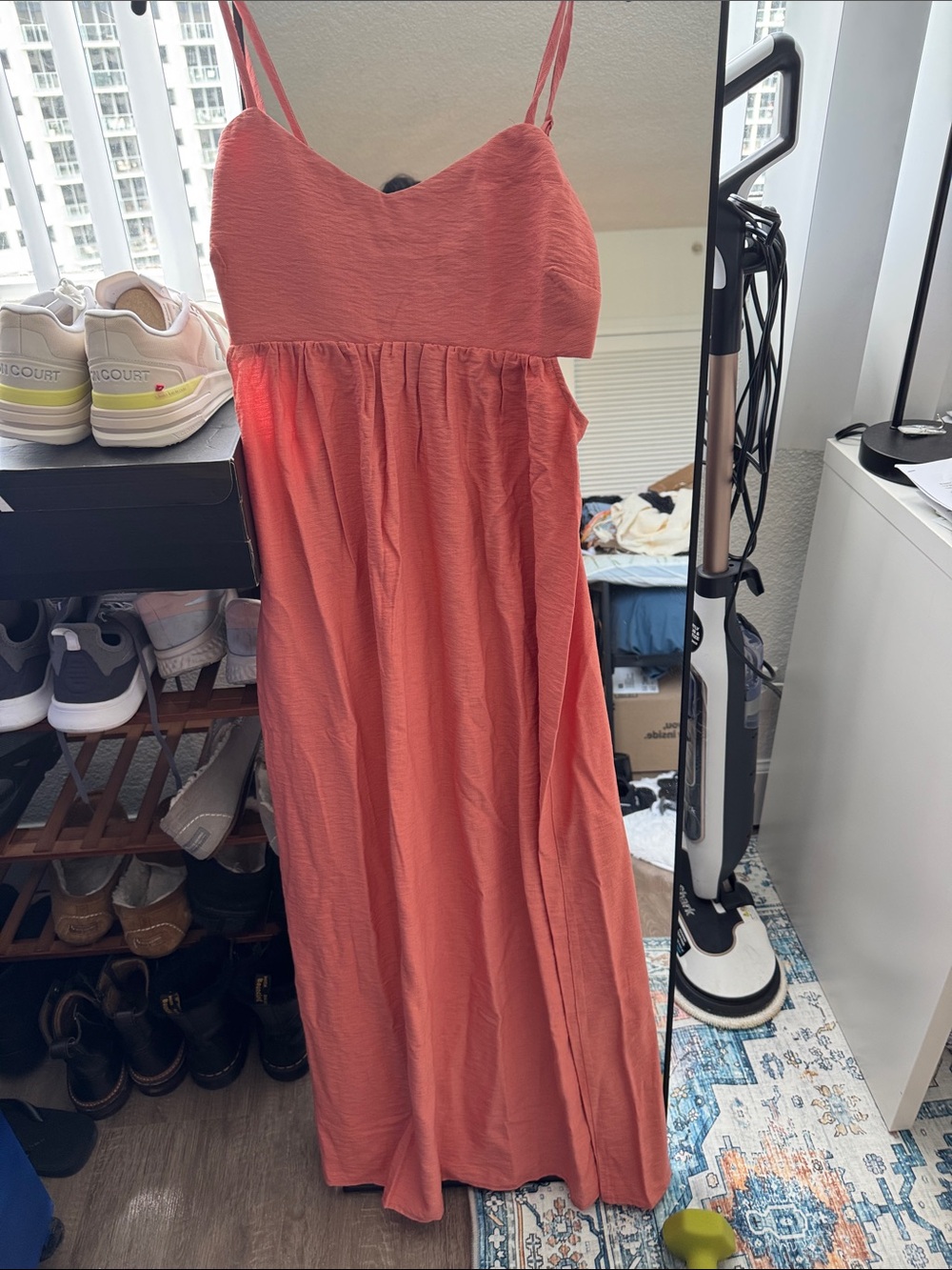Mango Coral-Red Spaghetti-Strap Maxi Dress
